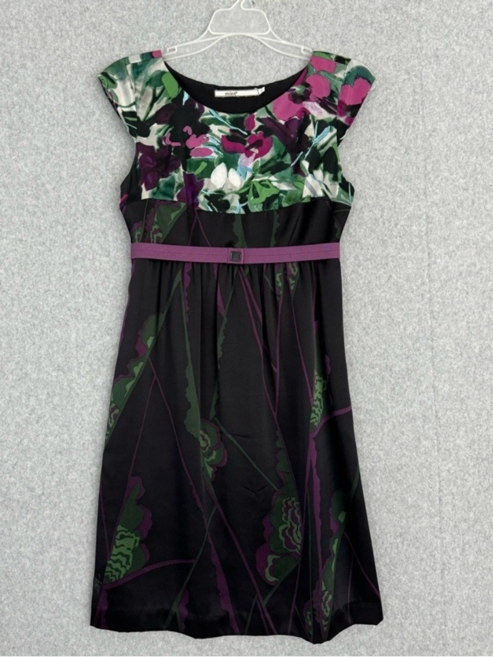 Mint Jodi Arnold Silk Dress Size 0 Black Floral Belted Cocktail Spring Wedding